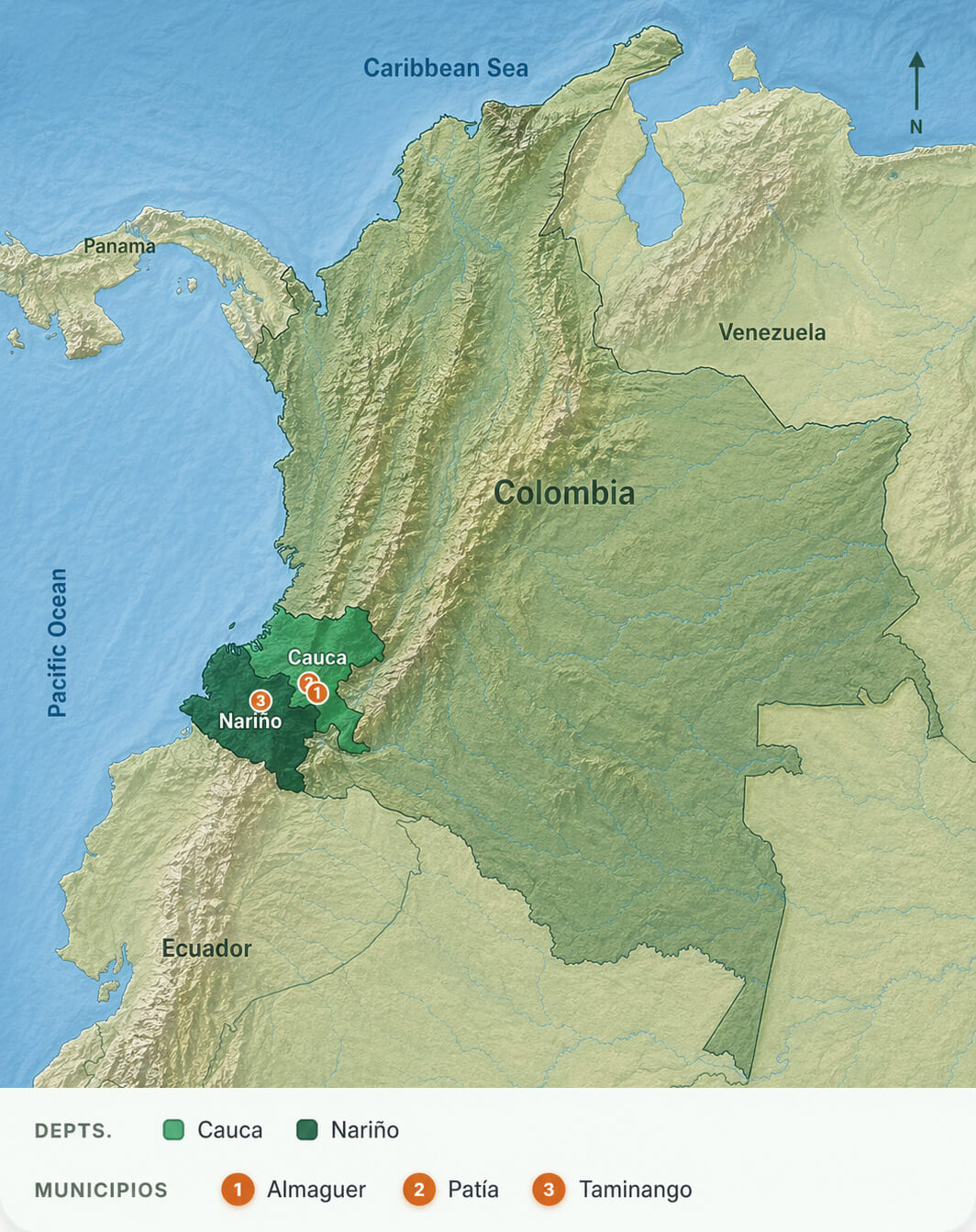 Map of Colombia highlighting Cauca and Nariño departments